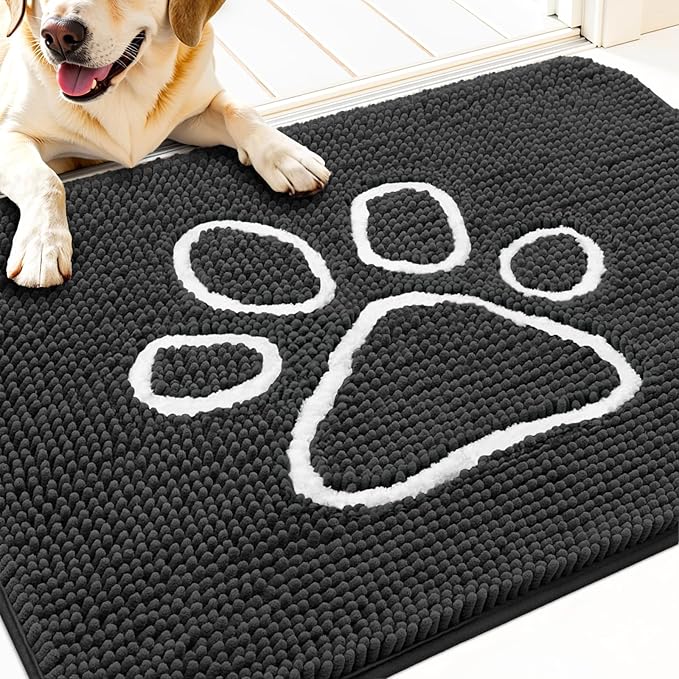OLANLY Dog Door Mat for Muddy Paws 32x20, Paw Print Design Chenille Mud Mat