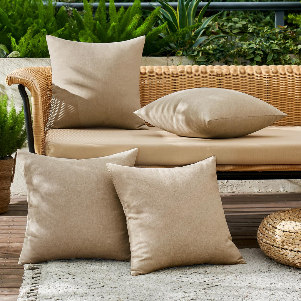 MIULEE Pack of 4 Decorative Outdoor Throw Pillow Covers Linen Waterproof Pillow Covers Summer Farmhouse Cushion Cases for Patio Garden Tent Balcony Couch Sofa 18x18 Inch Light Tan