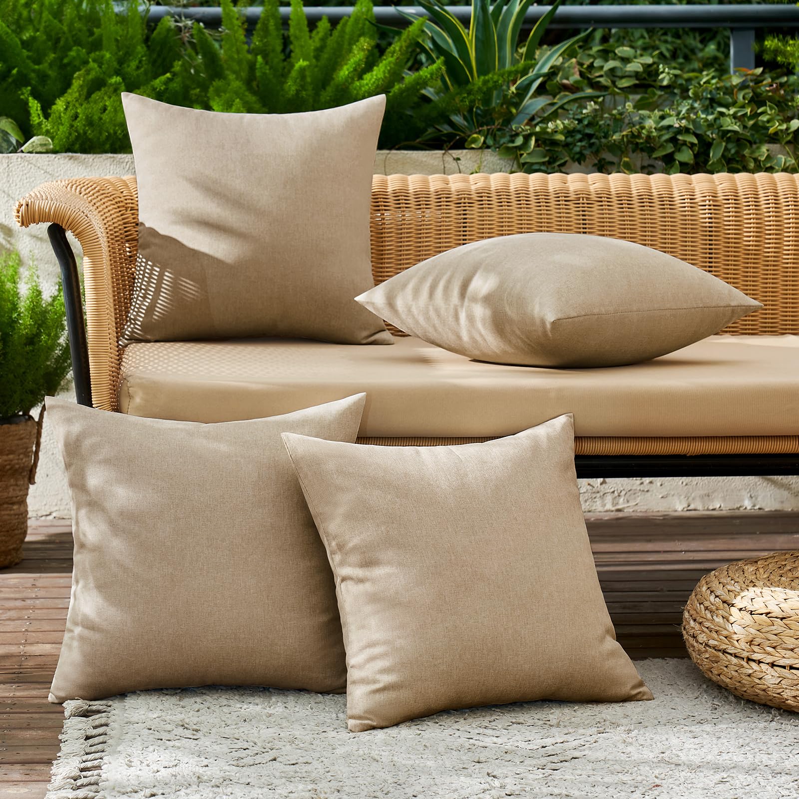 MIULEE Pack of 4 Decorative Outdoor Throw Pillow Covers Linen Waterproof Pillow Covers Summer Farmhouse Cushion Cases for Patio Garden Tent Balcony Couch Sofa 18x18 Inch Light Tan