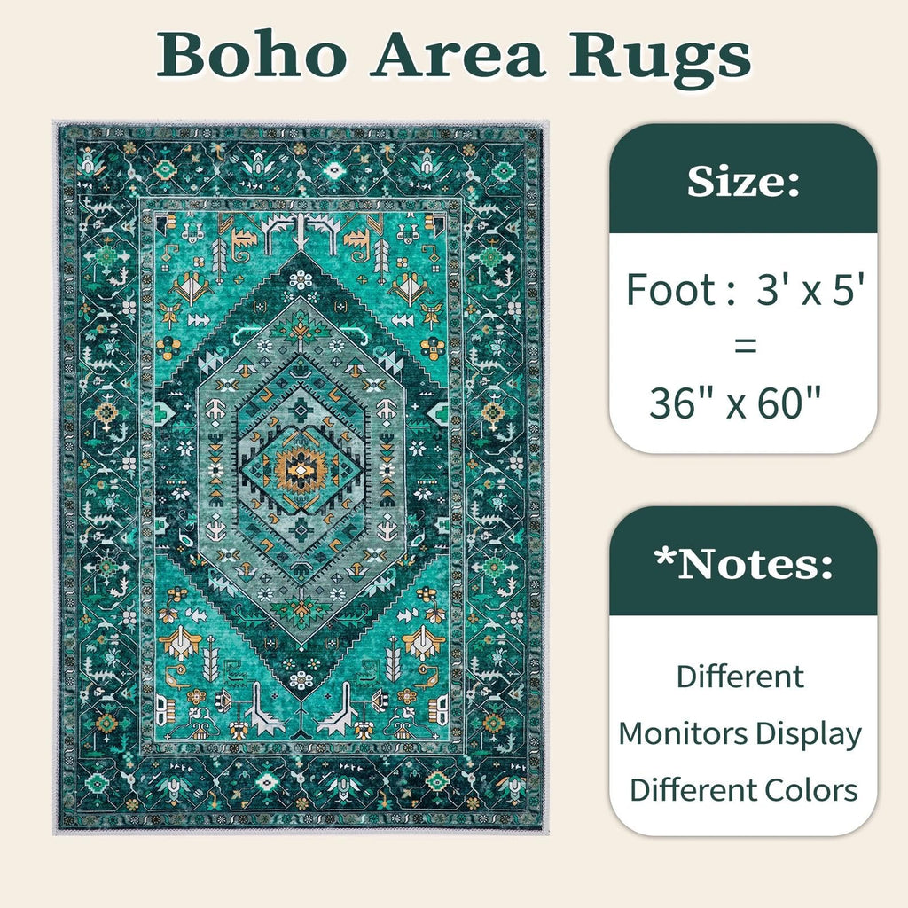 SERISSA 3x5 Washable Non Slip Boho Area Rug for Bedroom，Teal