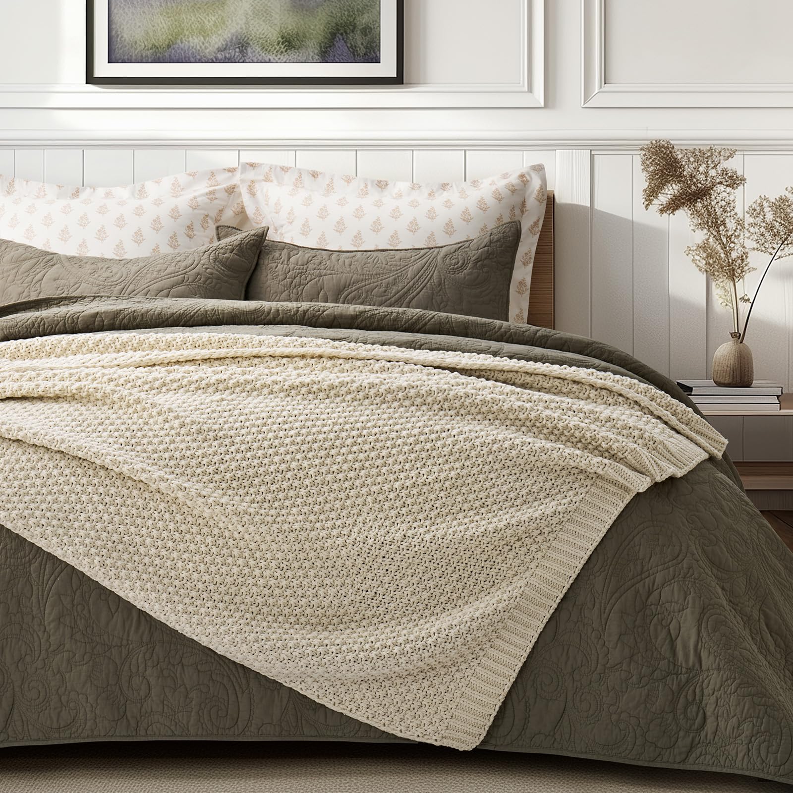 EVERGRACEHOME Chunky Chenille Knit Throw Blanket, 50 x 60, Beige