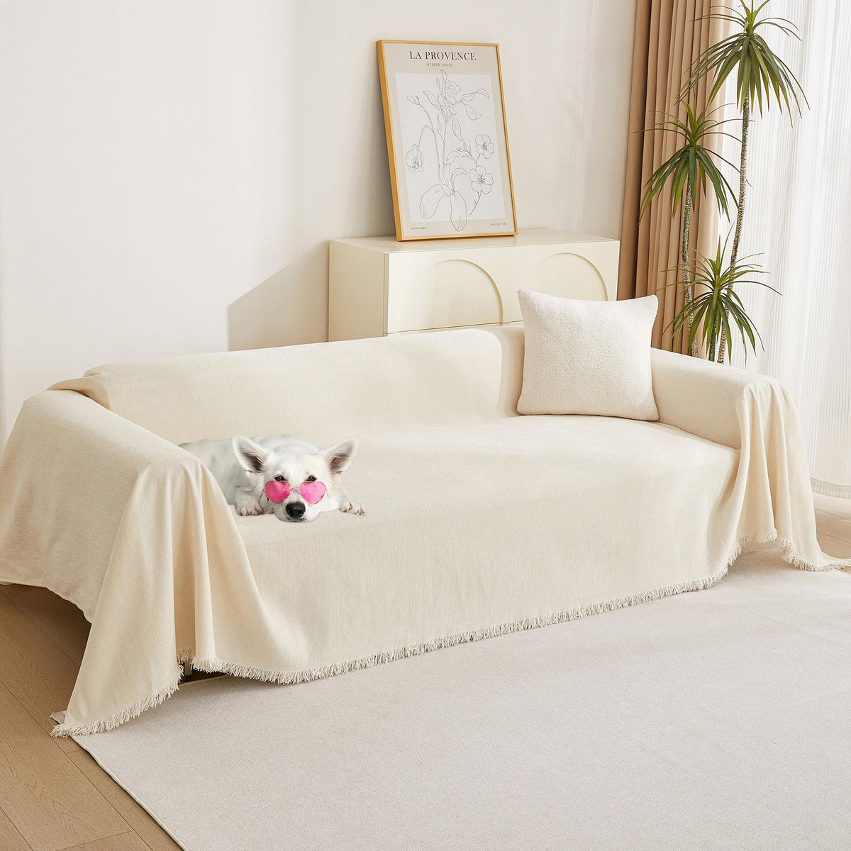 MYSKY HOME Oversized Chair Cover, Armchair Couch Cover for 1 Cushion, Washable Recliner Covers Sofa Protector with Tassel, Beige, 71"X91"