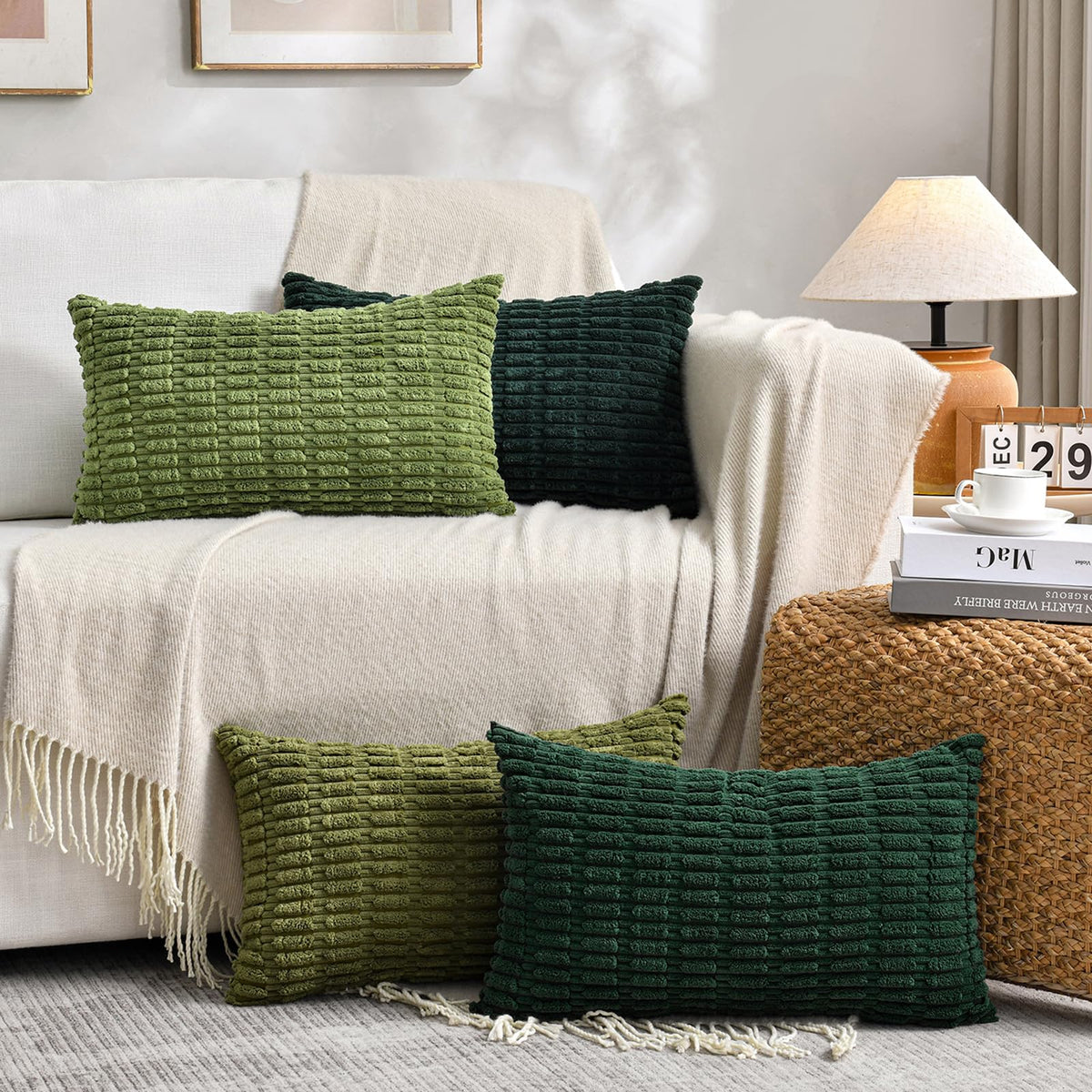 Fancy Homi 4 Packs Neutral Long Lumbar Decorative Throw Pillow Covers 12x24 Inch for Living Room Couch Bed, Boho Home Decor, Soft Striped Corduroy Rectangle Accent Beige Cushion Case 30x60 cm