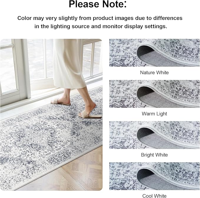 EISUROM 2x5 Washable Runner Rug: Vintage Medallion Kitchen Soft Rugs Gray