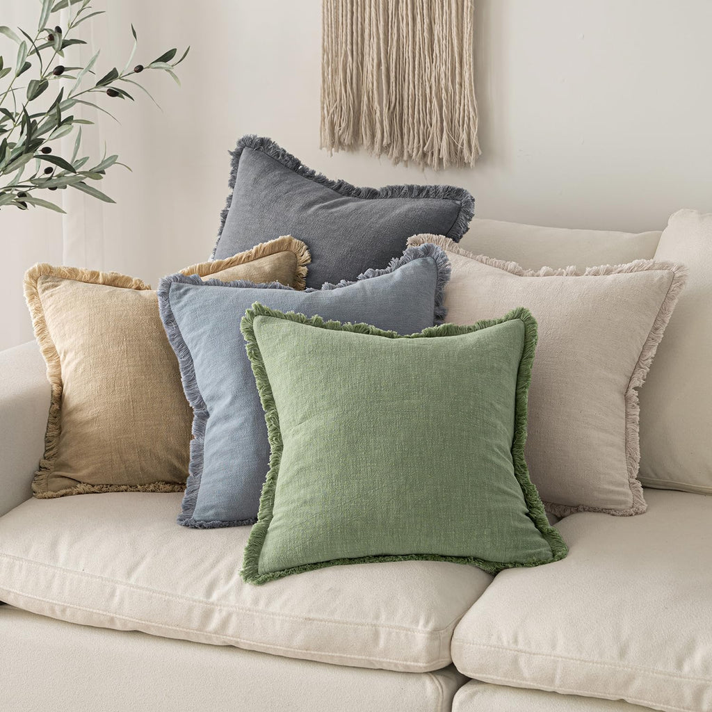 MIULEE Linen Fringe Decorative Euro Throw Pillow Covers Sage Green 24x24