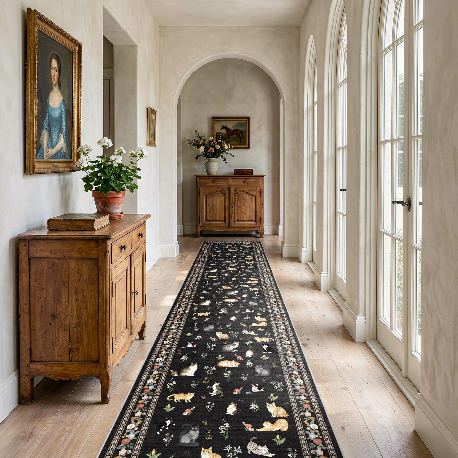 2x12 Washable Hallway Runner Rug: Long Floral Cat Print Soft Rug Black