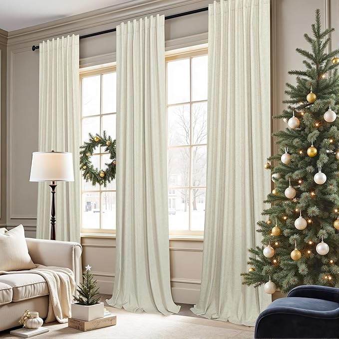 Pitalk Living Room Curtains Ideas Modern Black Out Curtains for Bedroom Windows Treatments 84 Heat & Cold Blocking Drapes for Sliding Glass Door Back Tab 2 Panels Cottage Linen Textured Cream Beige