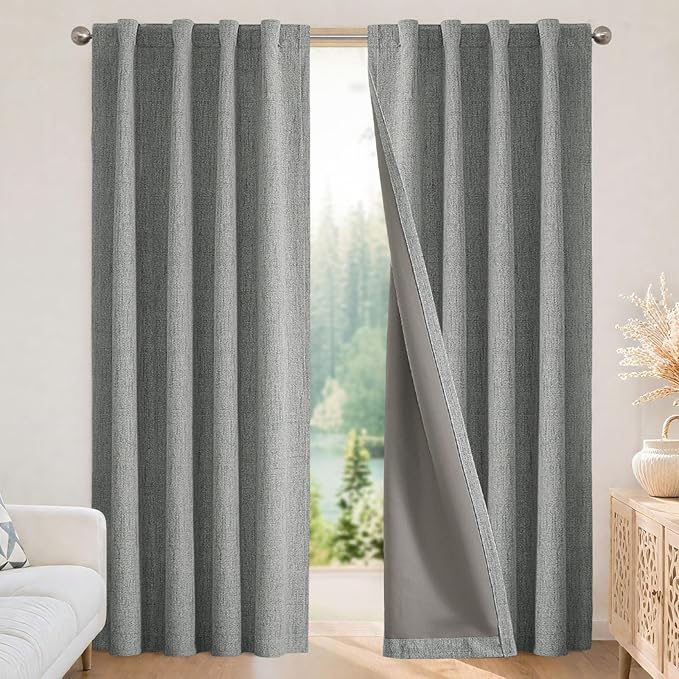 Joydeco Linen Blackout Curtains for Bedroom - 100% Light Blocking 1 Panels, Light Grey Drapes 100" W x 108" L, Thermal Insulated Room Darkening Curtains for Living Room, Rod Pocket & Back Tabs