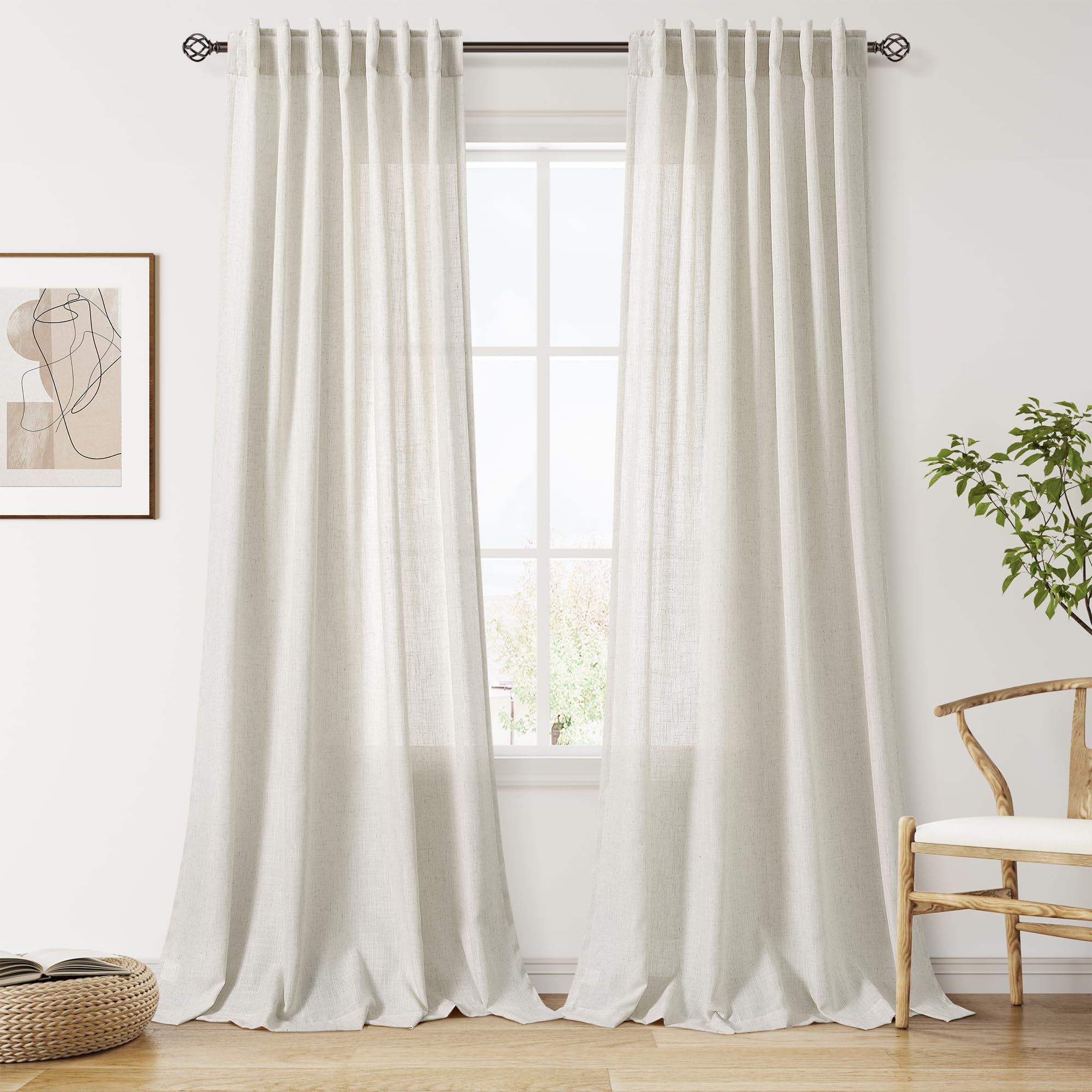 Nanspring Mousse White Linen Curtains for Living Room 108 Inches Long Simple Modern Light Filtering Semi Sheer Curtain Back Tab Coastal Decor Floor to Ceiling High Window for Bedroom 52x108, 2 Panels