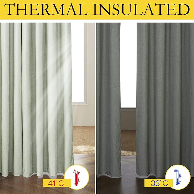 NICETOWN Sage Green Short Kitchen Linen Blackout Curtains 45 inches Length, 52" Wide, Pair of Thermal Insulated & Energy Efficiency Cold Reducing Drapes for Windows, Lined Linen Flax Window Dressing
