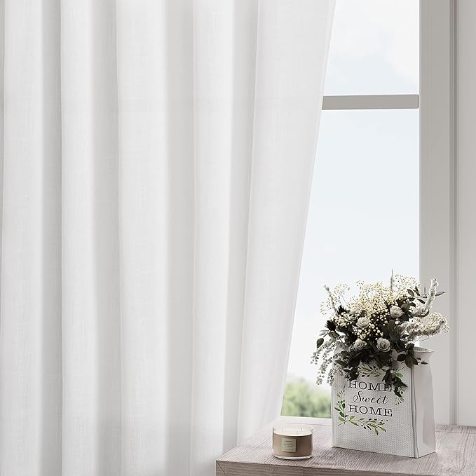 Nanspring Extra Long White Curtain 105 inches Long 2 Panels Set for Living Room Back Tab Modern Farmhouse Decor Cotton Textured Off White Sheer Linen Curtains 105 inch Length for Large Window