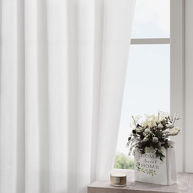 Nanspring White Extra Long Curtain 130 inches Long 2 Panels Set for Living Room Back Tab Modern Farmhouse Coastal Decor Cotton Textured White Sheer Linen Curtains for High Window 52x130