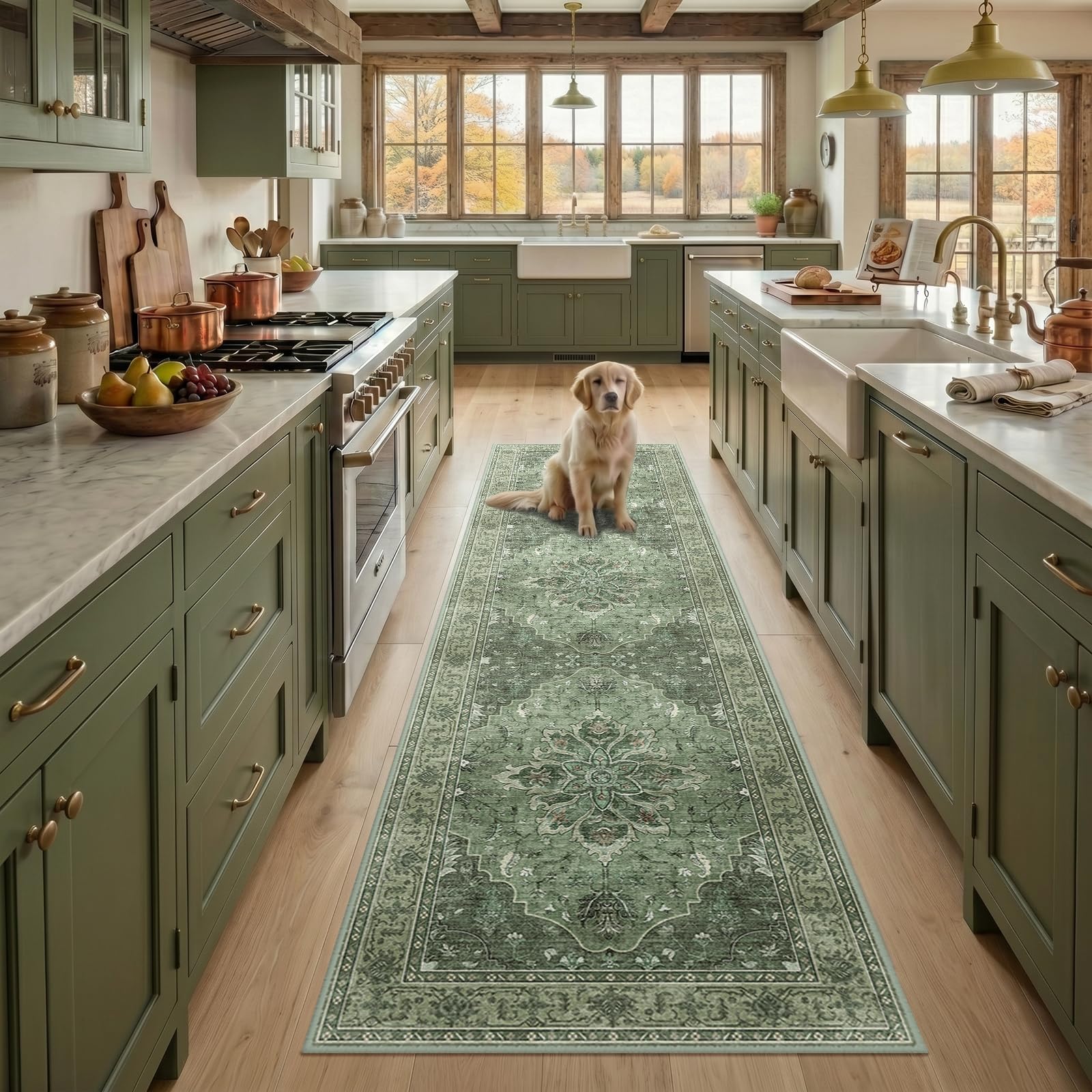 RELEANY Washable Area Rug, Runner 2'x8', Green/Dark Green/Gray