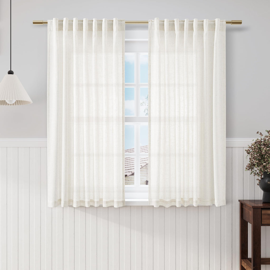 Beige White Kitchen Cafe Sheer Curtains 54 Inch Long 2 Panel Back Tab Linen Textured Light Filtering Short Neutral Bohemian Farmhouse Bedroom Bathroom Curtains 52Wx54L