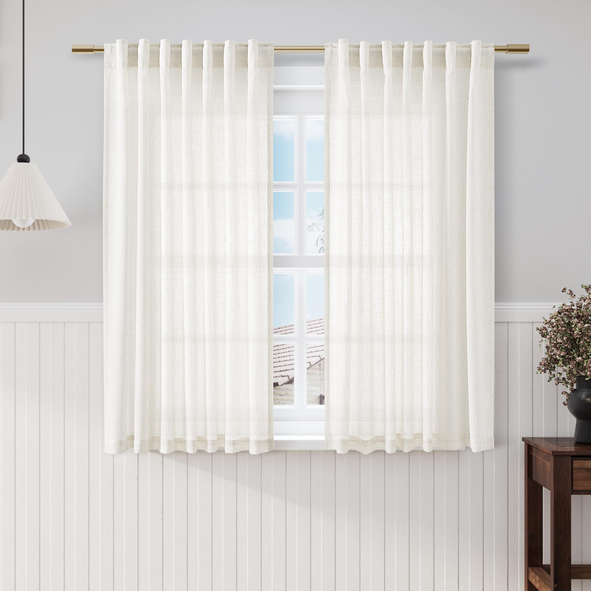 Beige White Kitchen Cafe Sheer Curtains 54 Inch Long 2 Panel Back Tab Linen Textured Light Filtering Short Neutral Bohemian Farmhouse Bedroom Bathroom Curtains 52Wx54L