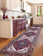 SERISSA Runner Rug for Hallways, 2'6"x12' Washable Non Slip Runner Rug, Extra Long Boho Rug Ultra Soft Vintage Burgundy Navy Print Floor Carpet for Bedroom Hallway Entryway Bathroom Laundry Room