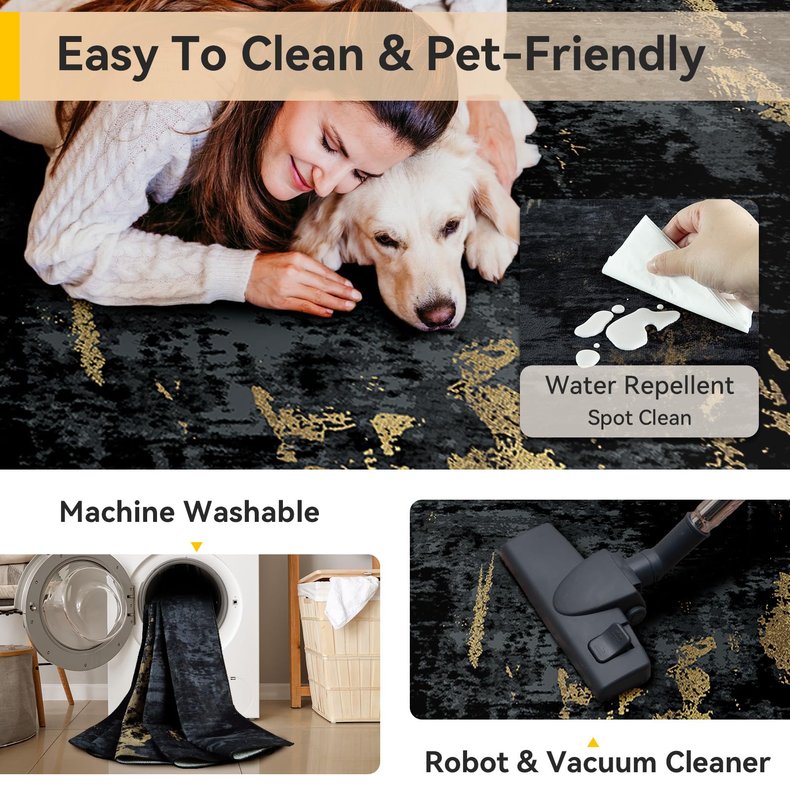 RELEANY Washable 6'x9' Abstract Area Rug for Living Room Black Gold