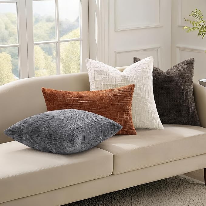 decorUhome Textured Chenille Throw Pillow Covers 12x20 Set of 2 Cream White