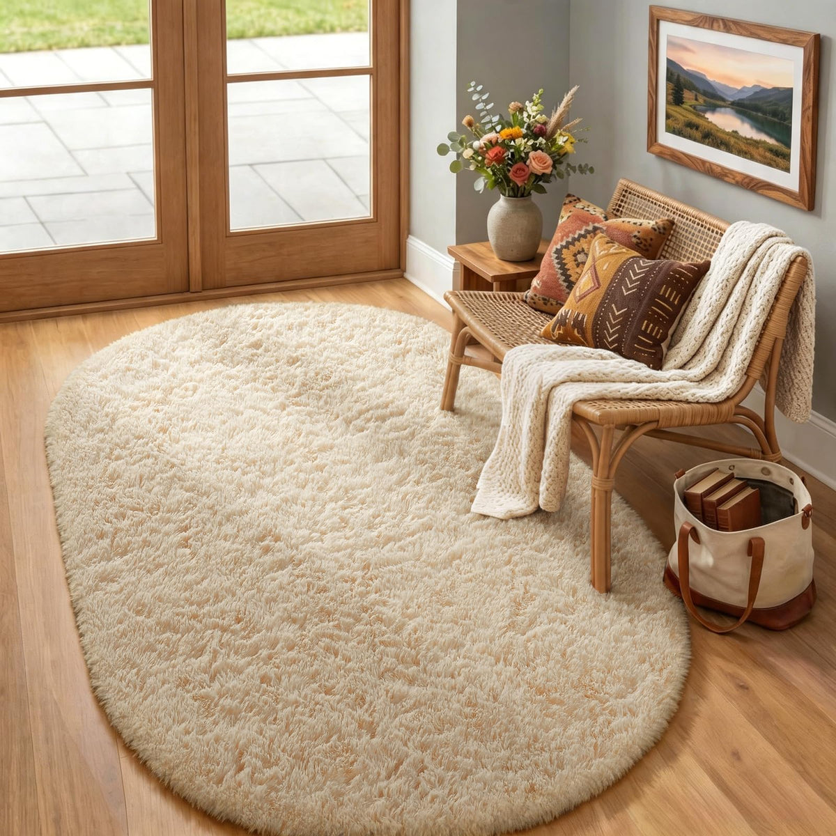 Ophanie 4x6 Oval Beige Rugs for Bedroom Living Room,Fluffy Fuzzy Furry Carpet,Plush Soft Shaggy Bedside Indoor Floor Area Rug for Kids Girls Boys Baby Teen Dorm Decor with Over 99 pcs Pile fibers