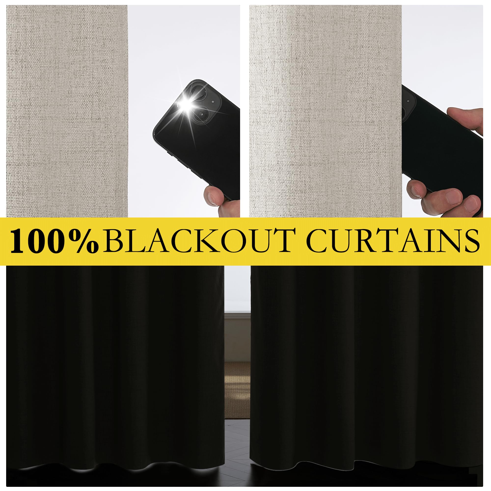 NICETOWN Brich Vintage Open Linen Weave Flax Thermal Curtains, 100% Blackout Curtains 48" Long for Dining Room, Soundproof Window Treatment Drapes for Hall Room, 52" Wide Per Panel, Set of 2