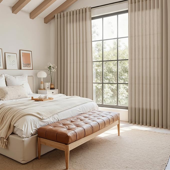 Sepia Beige Linen Curtains 90 Inches Long for Living Room Rustic Farmhouse Decor Light Filtering Semi Sheer Curtain Back Tab Rod Pocket Neutral Modern Luxury Drapes for Bedroom Office 52x90, 2 Panels