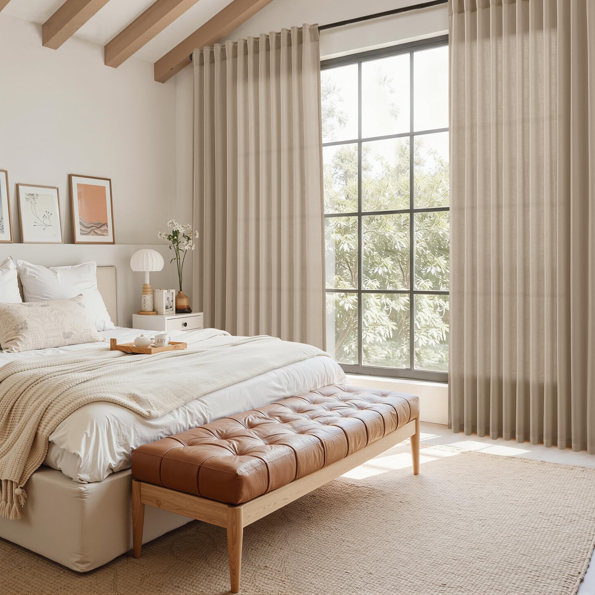 Sepia Beige Linen Curtains 102 Inches Long for Living Room Rustic Farmhouse Decor Light Filtering Semi Sheer Curtain Back Tab Neutral Modern Luxury Drapes for Bedroom Office 52x102, 2 Panels