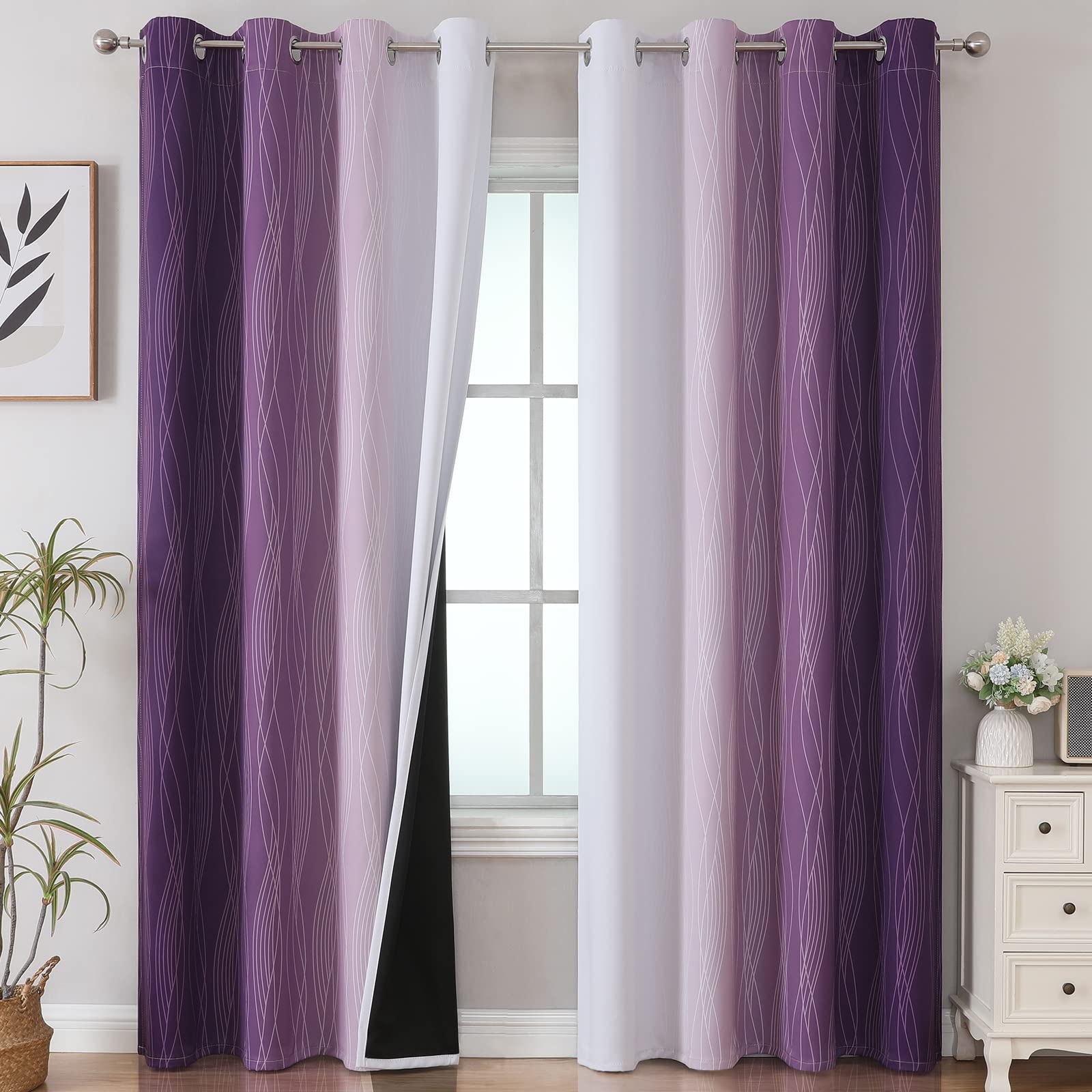Purple and Greyish White Ombre Blackout Curtains for Bedroom 102 Inch Long