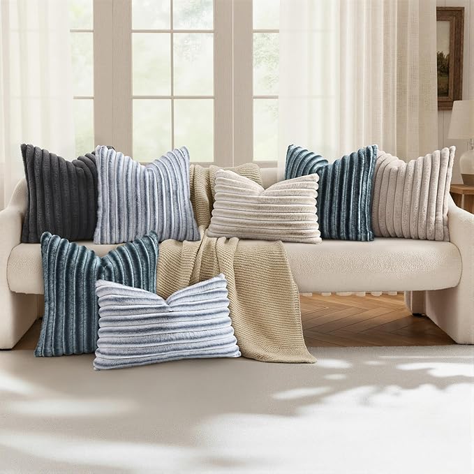 decorUhome Cozy Faux Fur Throw Pillow Covers 20x20 Set of 2 Decorative Soft Plush Striped Modern Farmhouse Boho Couch Pillow Cases with Velvet Back for Sofa Bed Living Room, Dark Grey