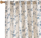 Lazzzy Farmhouse Linen Curtains Blue Floral Curtains 96 Inch Long Back Tab Drapes for Living Room Bedroom Light Filtering Country Vintage Rod Pocket Curtain, 2 Panels, Blue on Beige