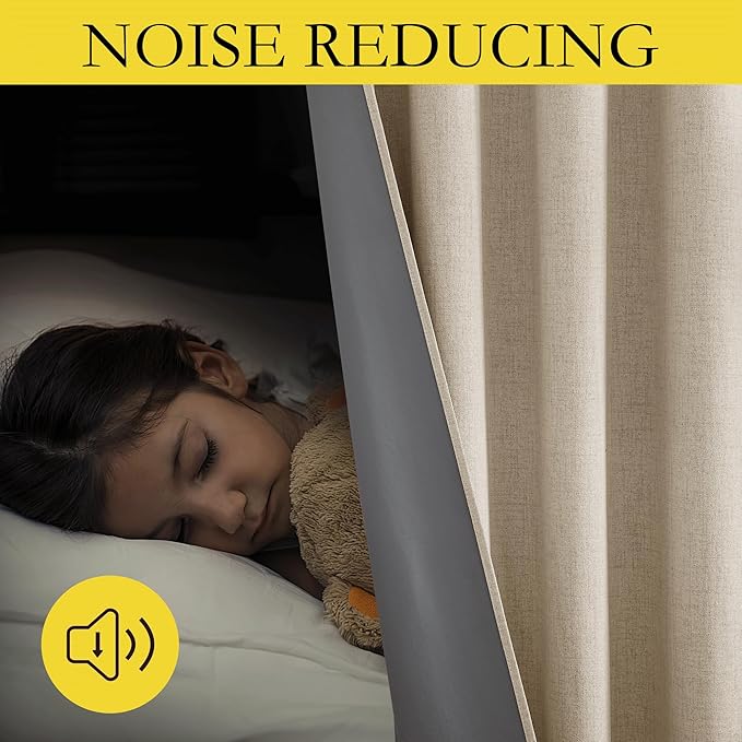 NICETOWN Cream Full Blackout Boho-Chic Linen Curtains 84 inch Long 2 Panels Set for Cafe Window, 42 inch Wide, Thick Linen Blend Drapes, Insulated Window Covers Draperies with White Backing