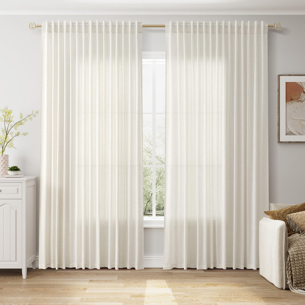 Extra Wide 100 Inch Linen Curtains for Living Room Divider Light Filtering Semi Sheer Back Tab Patio Curtains for Sliding Door Natural Coastal Decor Sunroom Floor to Ceiling Window Curtain 100x84