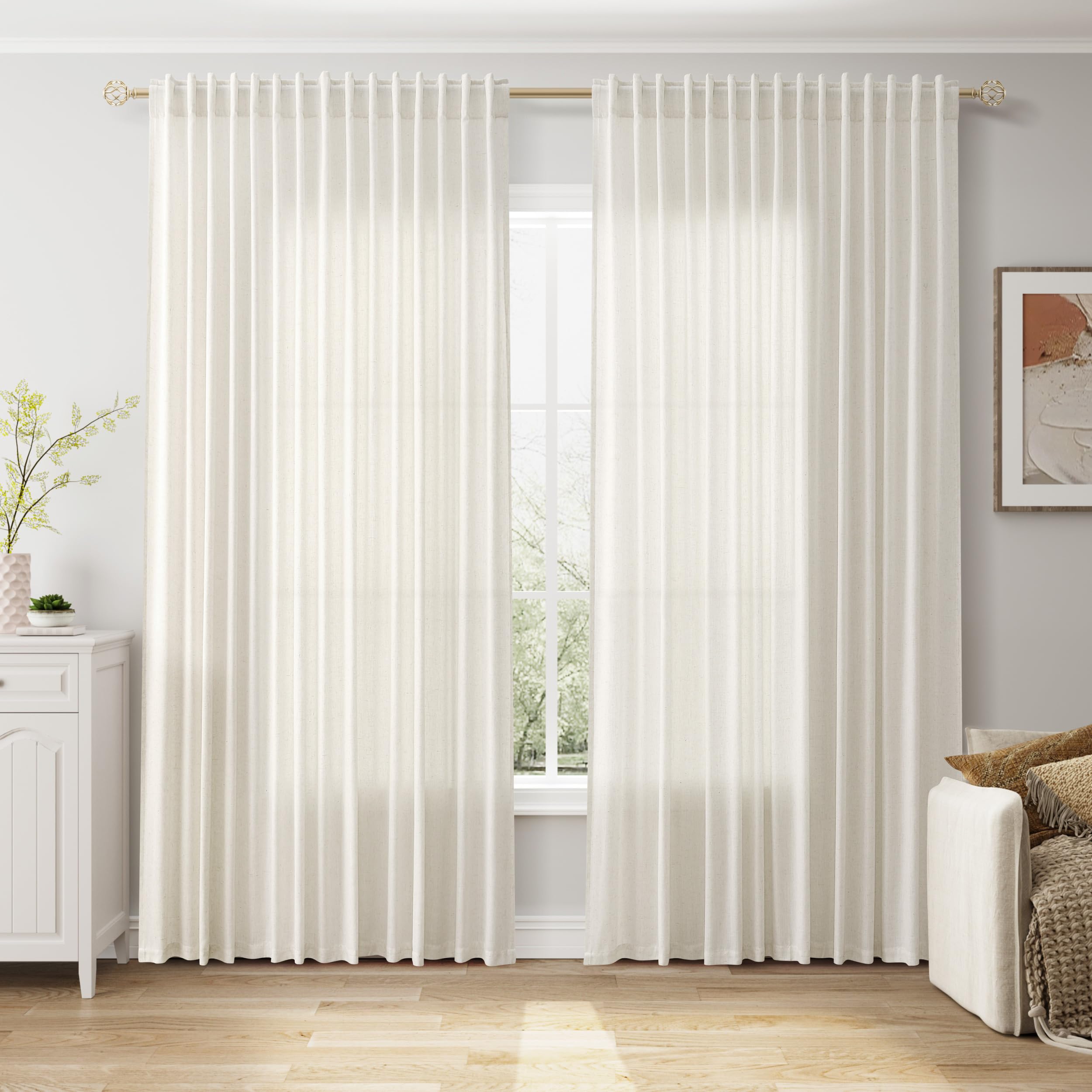 Extra Wide 100 Inch Linen Curtains for Living Room Divider Light Filtering Semi Sheer Back Tab Patio Curtains for Sliding Door Natural Coastal Decor Sunroom Floor to Ceiling Window Curtain 100x84
