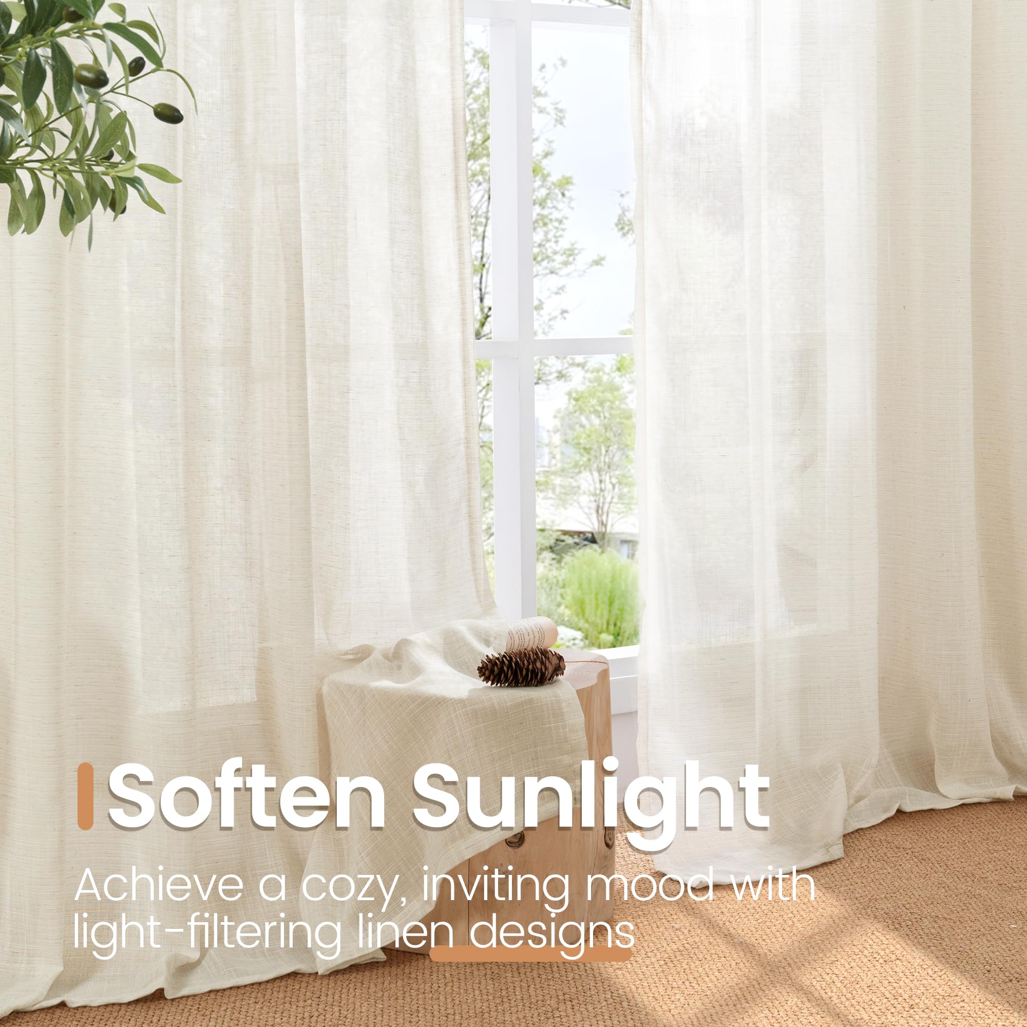 BGment Short Linen Curtains 36 Inch Length for Kitchen Window - Semi Sheer Beige Small Drapes Textured Rustic Natural Rod Pocket for Cafe Lightweight Decorative, 2 Panels, Each Panel 42 Inch Wide