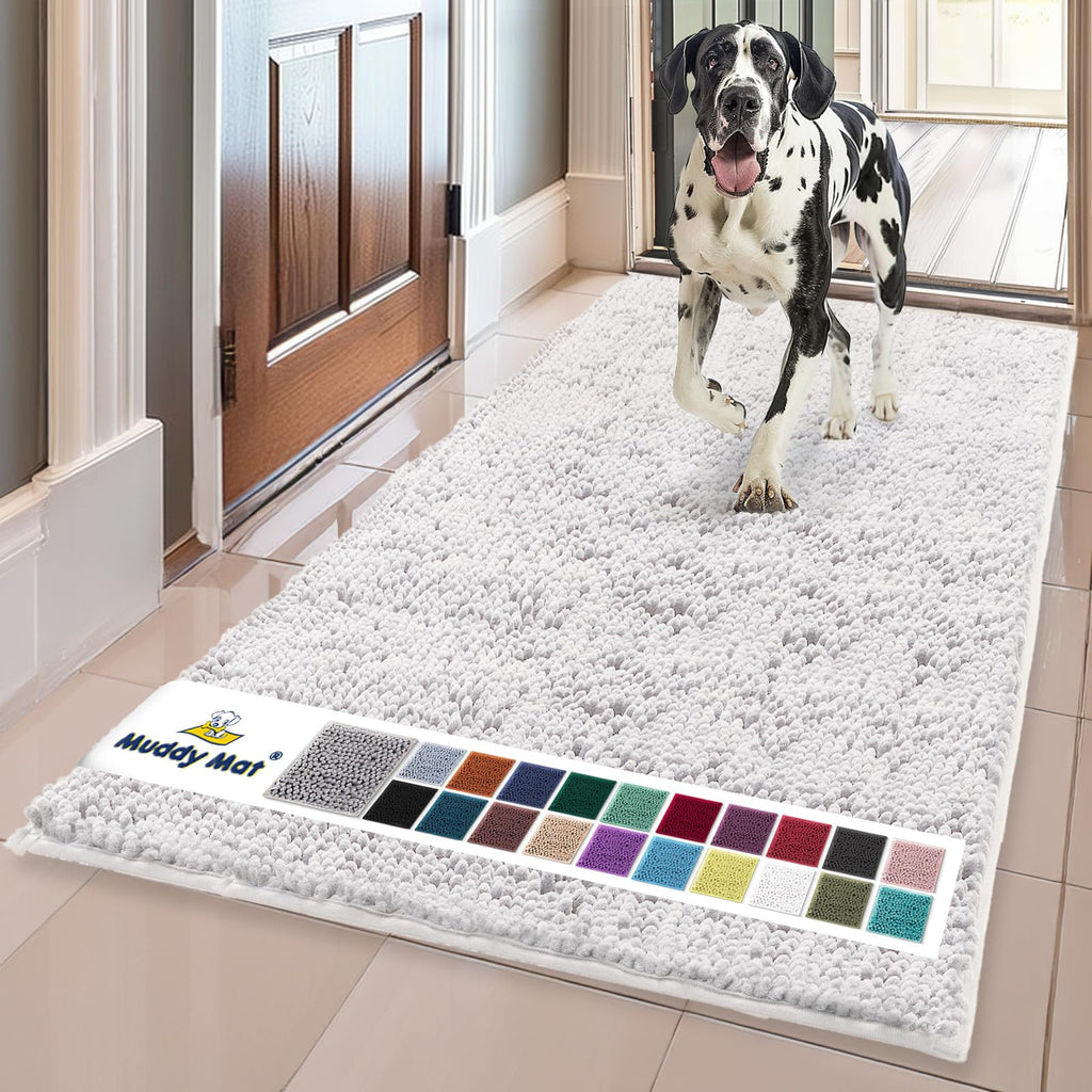 Muddy Mat® | Super Water Absorbent Door Mat Indoor, Microfiber Quick Dry Chenille Entryway Rug, Slip Resistant Front Door Mat, Indoor Mats for Entryway, Machine Washable Pet Rug, White 59"x35"