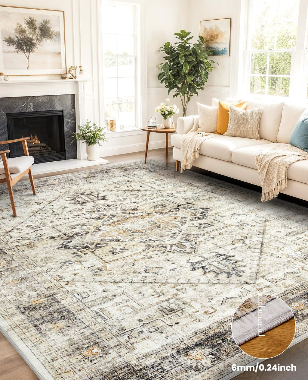 AMADA HOMEFURNISHING Washable Area Rug, Low-Profile Large Area Rug with Non-Slip Backing & Durable Edge Binding, Vintage Large Rugs for Living Room, Bedroom, Dinning Room, 8x10, Grey/Beige