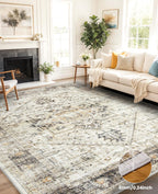 AMADA HOMEFURNISHING Washable Area Rug, Low-Profile Large Area Rug with Non-Slip Backing & Durable Edge Binding, Vintage Large Rugs for Living Room, Bedroom, Dinning Room, 8x10, Grey/Beige