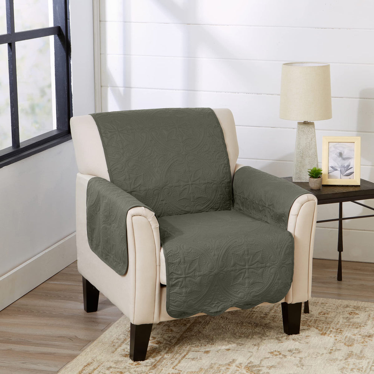 Great Bay Home Reversible Patchwork Chair Cover - Washable Slipcover Furniture Protector with Elastic Straps - Perfect for Kids & Pets - Box-Stitched Detail (Grey)