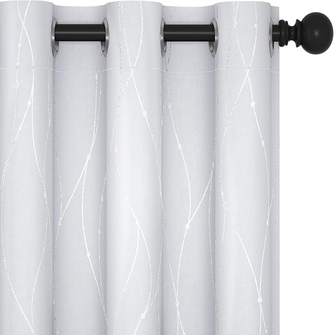 Deconovo Kitchen Curtains, Room Darkening Drapes, Thermal Insulated Soundproof Grommet Drape, Silver Wave Dots Print, 42 x 45 Inch, Machine Washable Window Panels for Small Windows Nursery, Set of 2