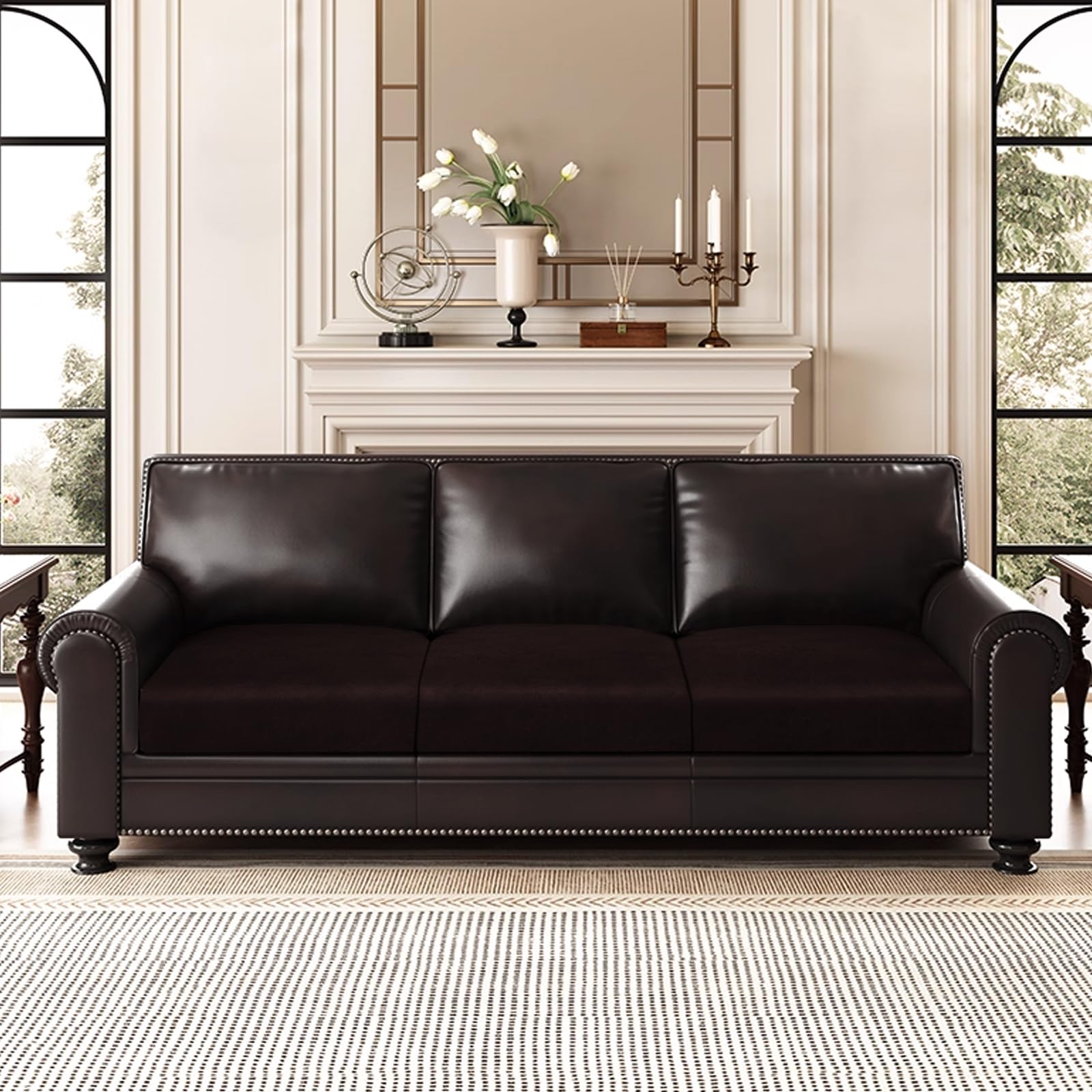 ANARACHON Leather Look Couch Cushion Covers Sofa Seat Slipcovers Sets Couches Furniture Protector for Sectional Armchair Loveseat Pets Kids Stretch Spandex Fabric (3 Cushion Sofa, Chocolate)
