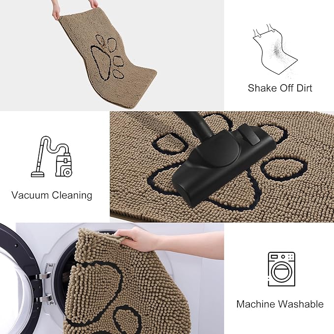 Smiry Dog Door Mat for Muddy Paws, Absorbent Dirt Trapper Non Slip Quick Dry Washable Chenille Mat for Mud Dogs, Entry Rug for Indoor and Outdoor (47x32 Inches, Camel and Black)