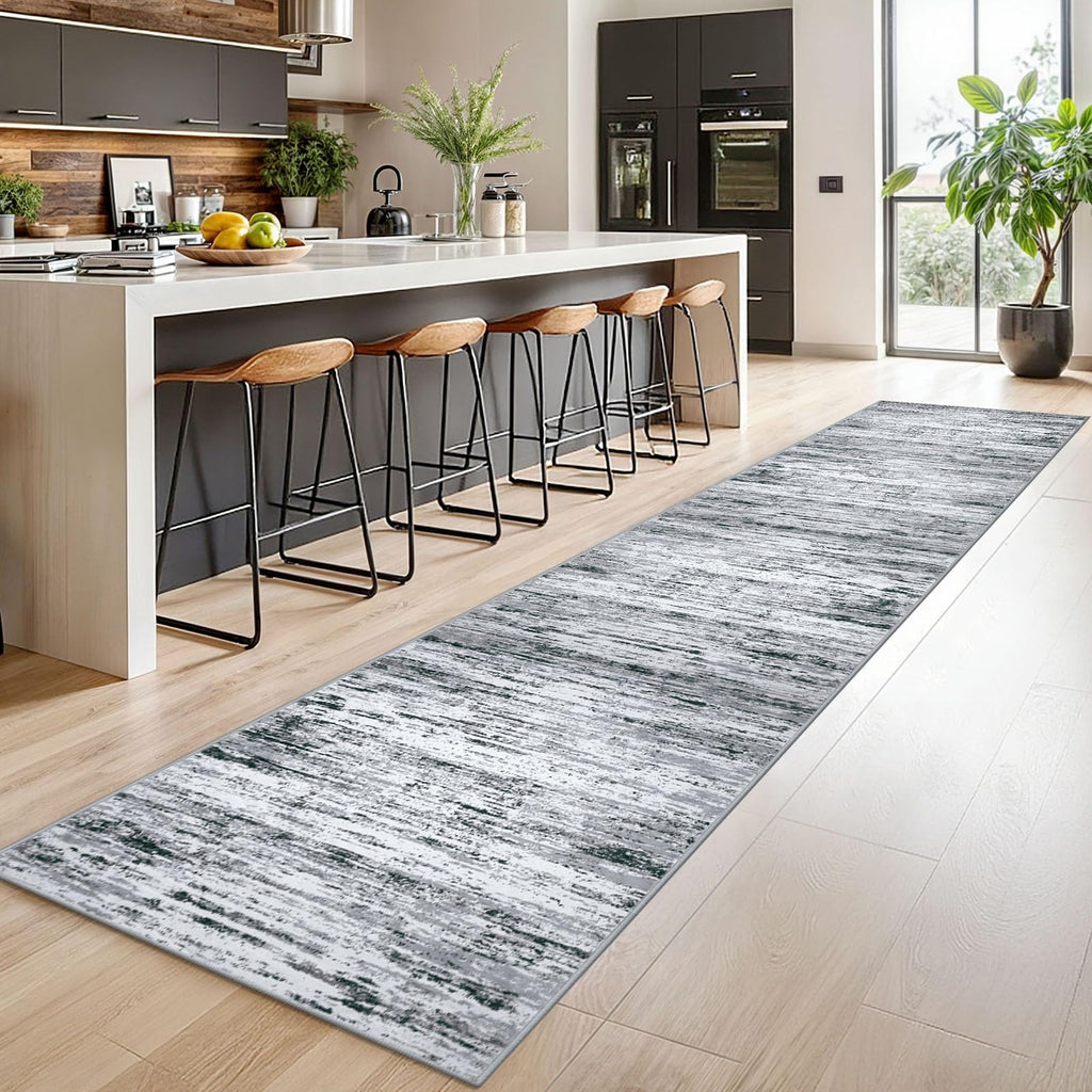 Lansny Modern Abstract Runner Rug 2.6x14, Black Grey White Washable Long Kitchen Runner Non-Slip Soft Hallway Rug Runner Thin Print Faux Wool Carpet for Entryway Bedroom Laundry Room Indoor Home Decor