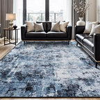 Rugflix 8x10 Area Rugs for Living Room, Washable Large Rug Stain-Resistant Low Pile, Modern Dark Carpet for Dining Room Home Office Kid Room Nursery Bedroom, Navy Blue/Black