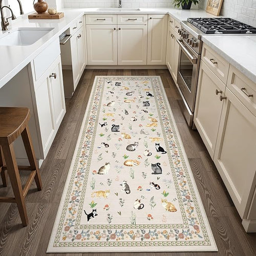 2x6 Washable Kitchen Runner rug: Floral Cat Print Low Pile rugs LightBeige