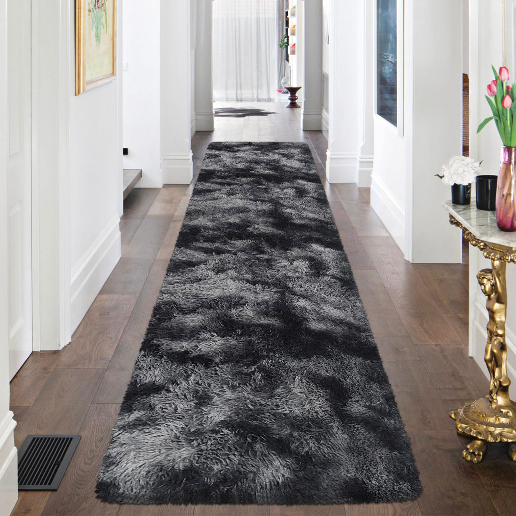 JiaoBaba Tie-Dyed Runner Rug for Bedroom Black Grey 2x8ft Fluffy Area Rug Bedside Runner Rug for Kids Room Boys Teens Nursery Baby Living Room Dorm Home Decor Carpets