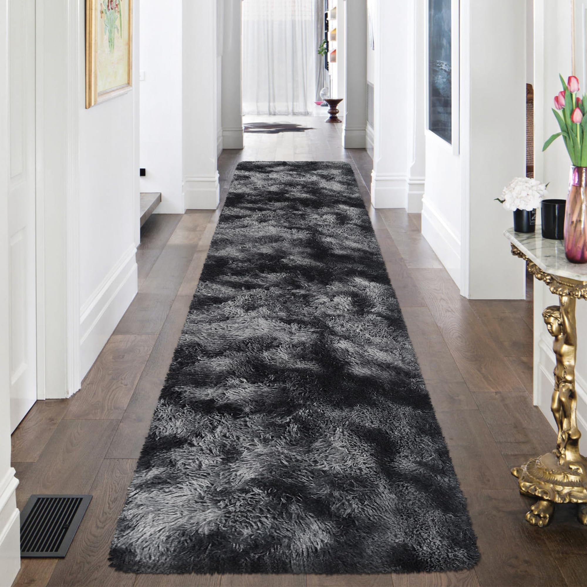 JiaoBaba Tie-Dyed Runner Rug for Bedroom Black Grey 2x8ft Fluffy Area Rug Bedside Runner Rug for Kids Room Boys Teens Nursery Baby Living Room Dorm Home Decor Carpets