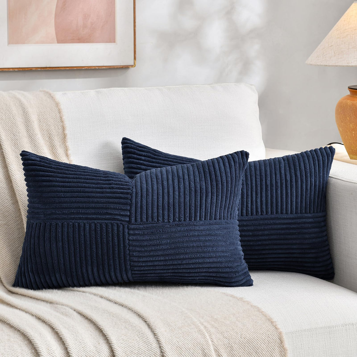 Fancy Homi 2 Packs Teal Lumbar Decorative Throw Pillow Covers 14x24 Inch for Living Room Couch Bed Sofa, Rustic Farmhouse Boho Home Decor, Soft Striped Corduroy Rectangle Accent Cushion Case 35x60 cm