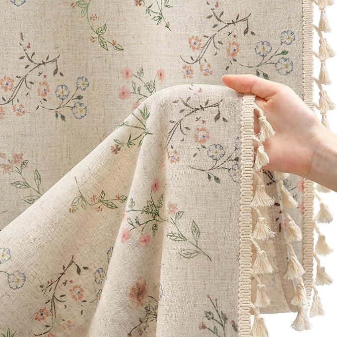 XOGUIBO Boho Floral Light Filtering Curtains 84 Inch 2 Panels Linen Texture