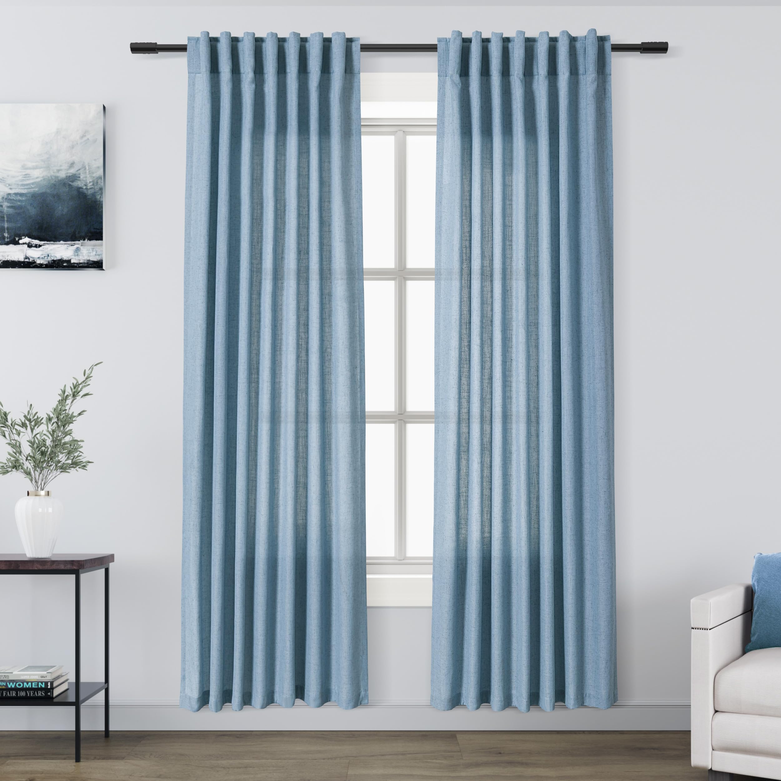 Nanspring Blue Curtains 80 Inches Length for Living Room Back Tab Rod Pocket Semi Sheer Linen Drapes Muted Neutral Boho Dusty Blue Linen Textured Window Curtain for Dining Room Bedroom 52X80 Inch