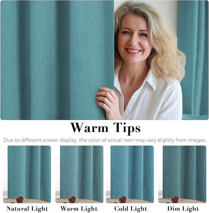 H.VERSAILTEX Primitive Linen Curtains 100% Blackout Curtain Drapes Burlap Fabric Curtains with White Thermal Insulated Liner, Grommet Top Drapes Living Room/Bedroom (2 Panels, 42 x 63 Inch, Teal)