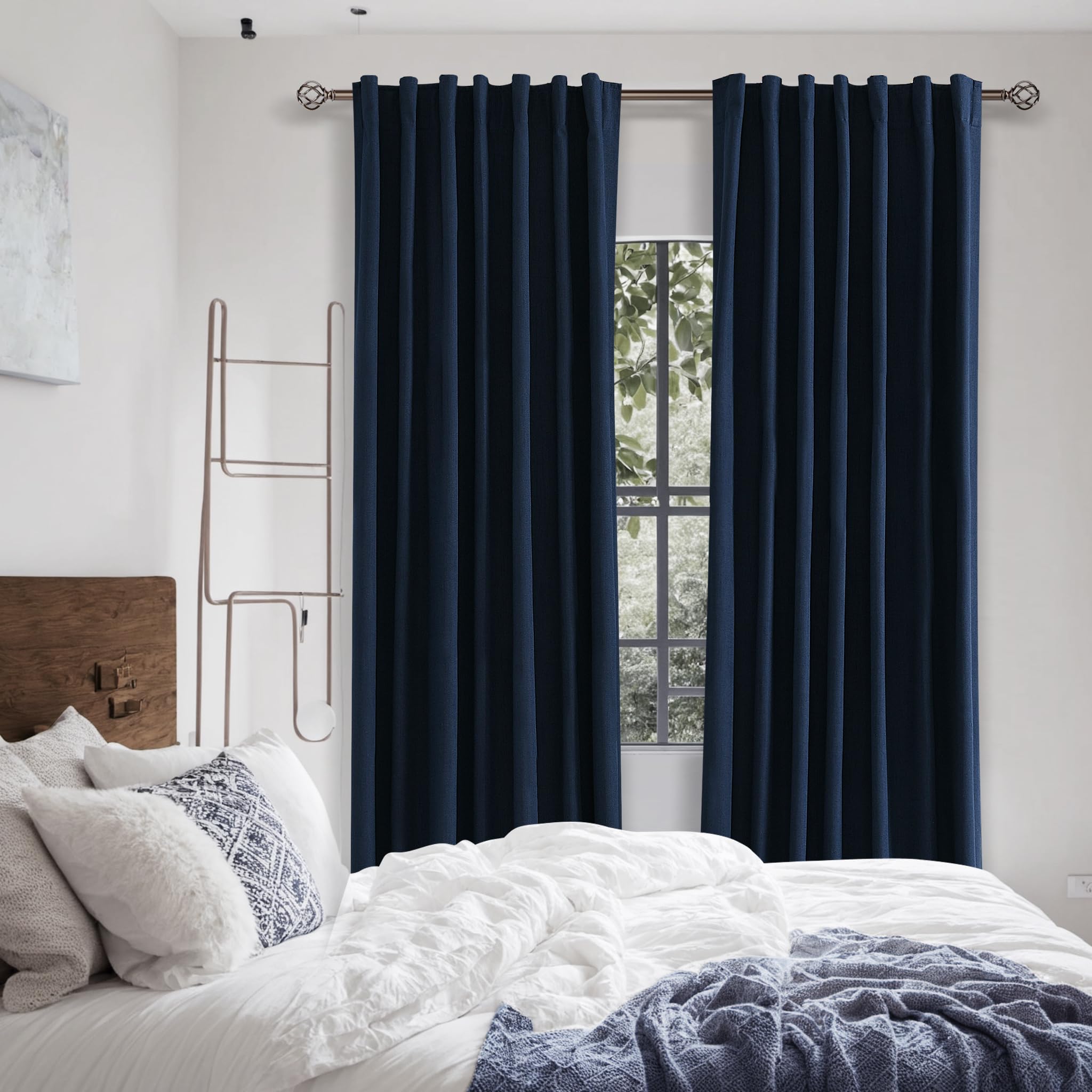 Guken Navy Blue 100% Blackout Curtains 84 Inch Length 2 Panels Set for Living Room Bedroom Back Tab Thermal Insulated Black Out Linen Drapes Room Darkening Window Curtains 84 Inches Long